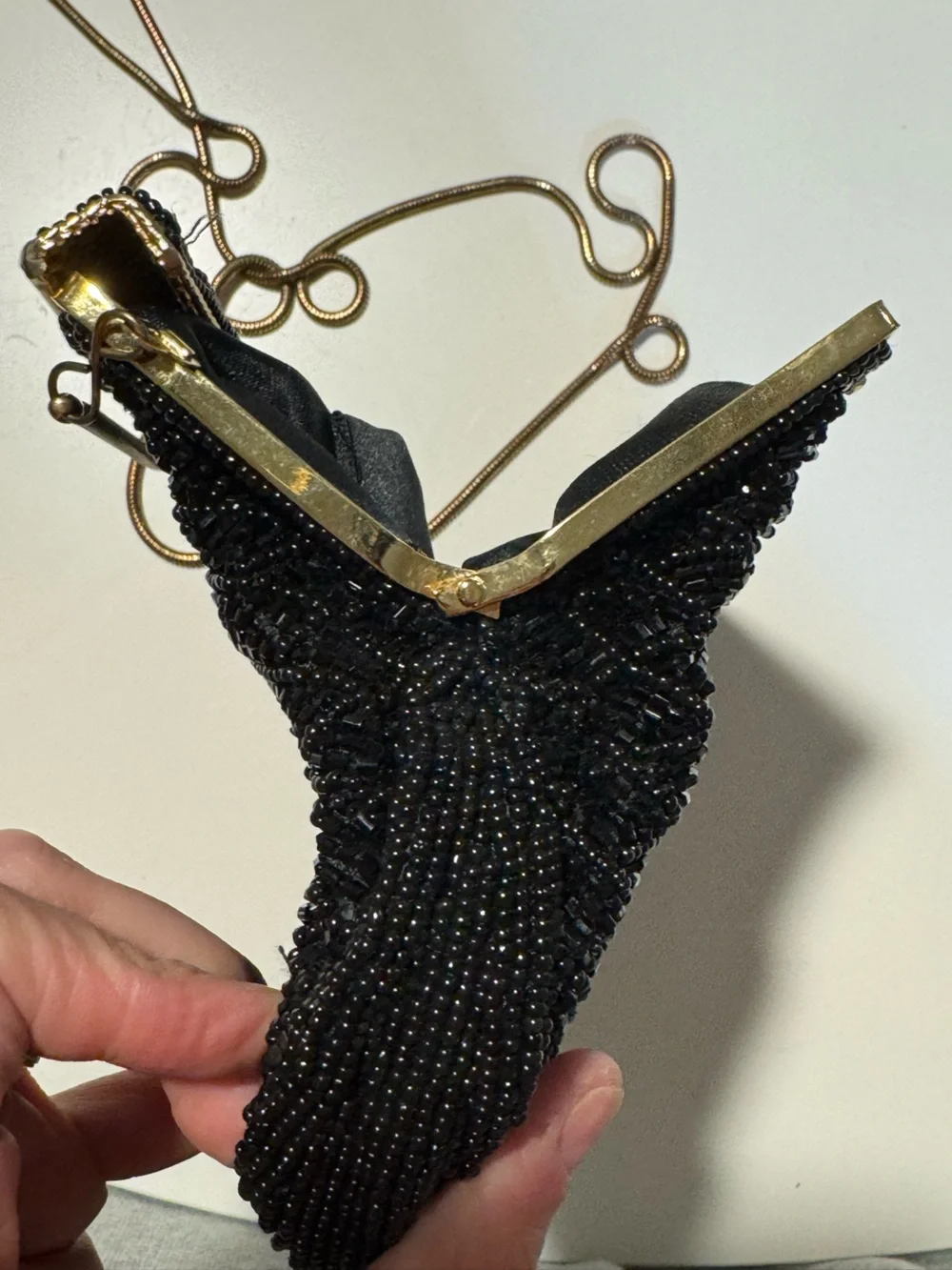 Black Beaded Evening Wristlet with Gold Chain